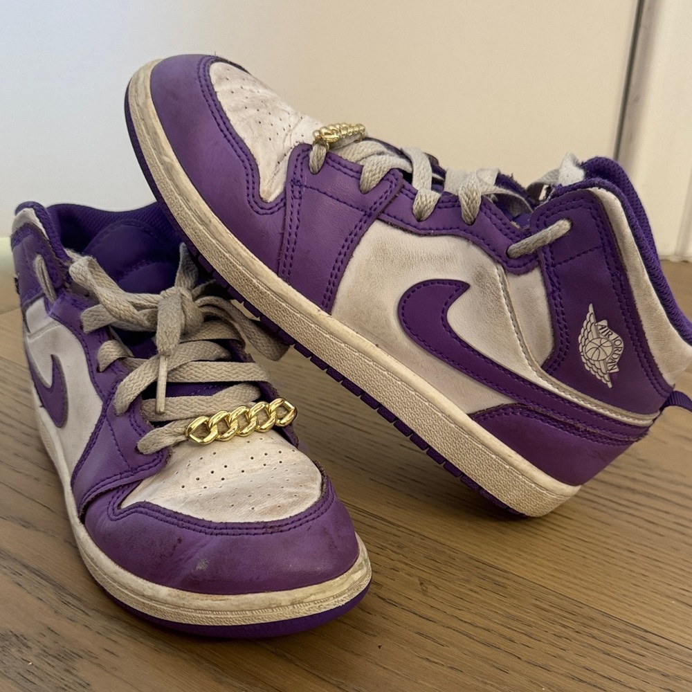 Nike Air Jordan Kids Purple and White Sneakers with Gold Accent